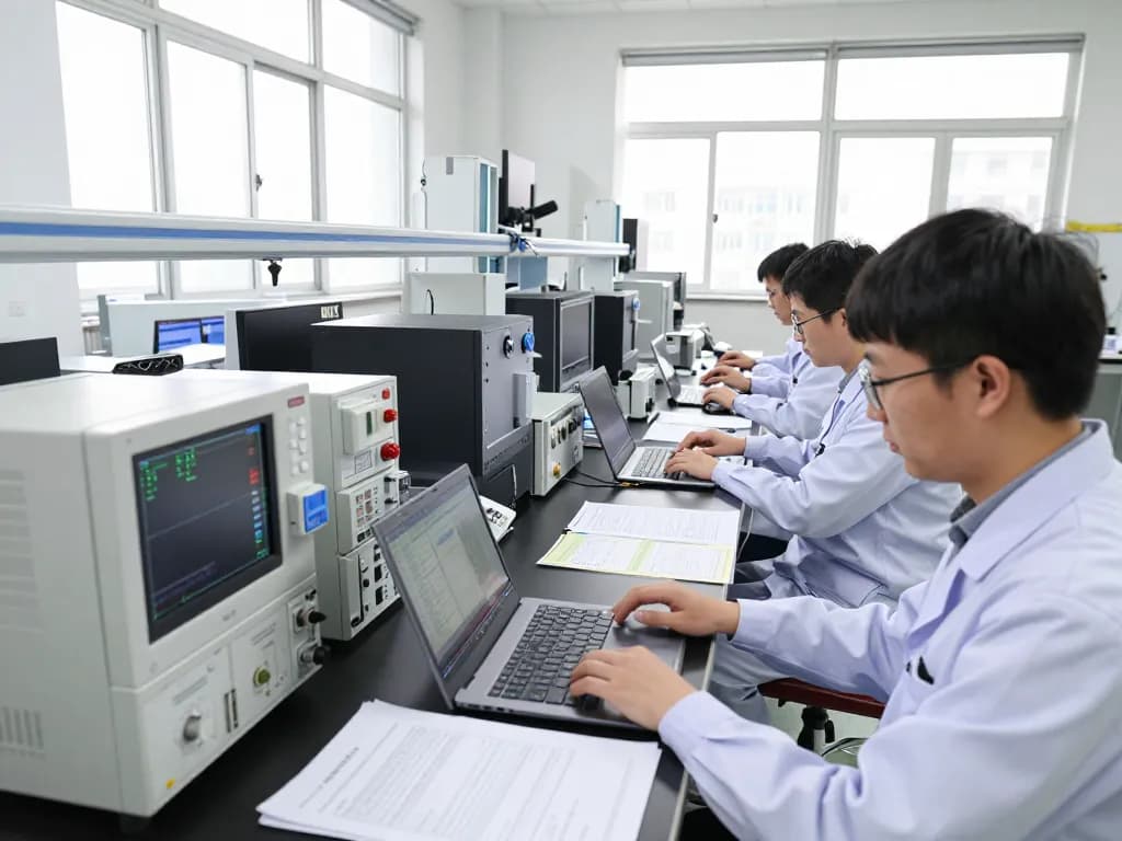 Engineers in a modern EMC testing lab preparing for TCB submission with advanced equipment.