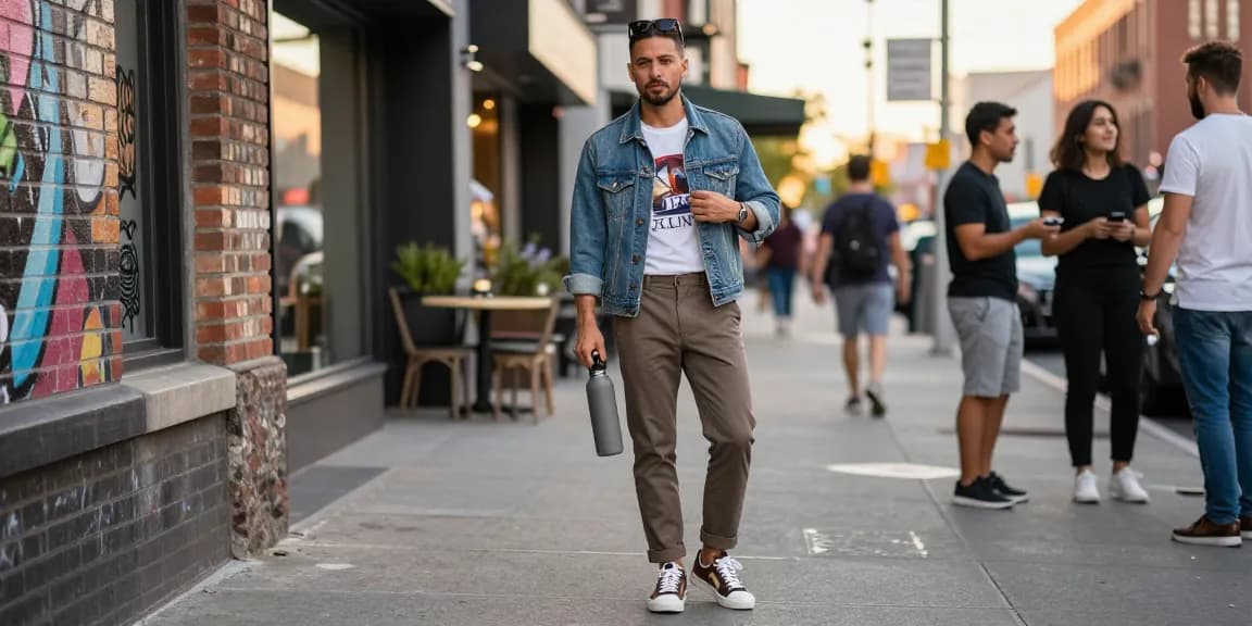 Man showcasing trendy men's fashion in a stylish urban outfit, embodying modern street style.