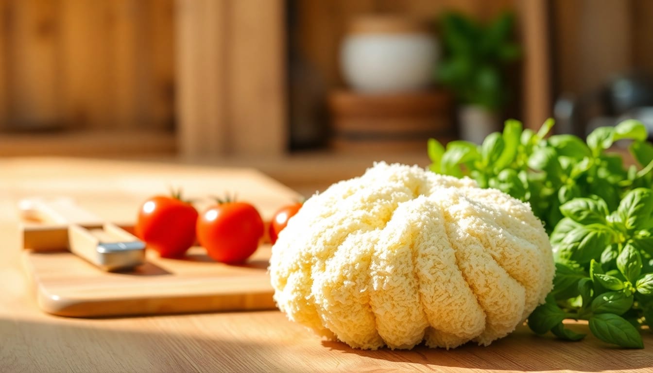 Discover a kitchen loofah on a wooden countertop surrounded by fresh vegetables.