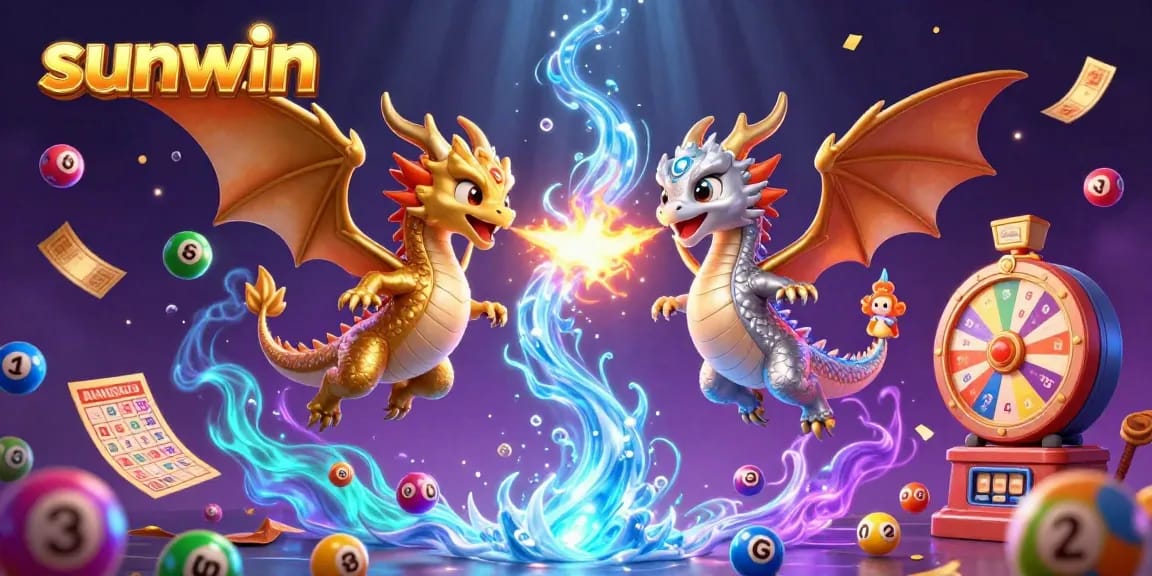 Engage in thrilling lottery action with sunwin’s dynamic 3D illustration showcasing dragons and vibrant game elements.