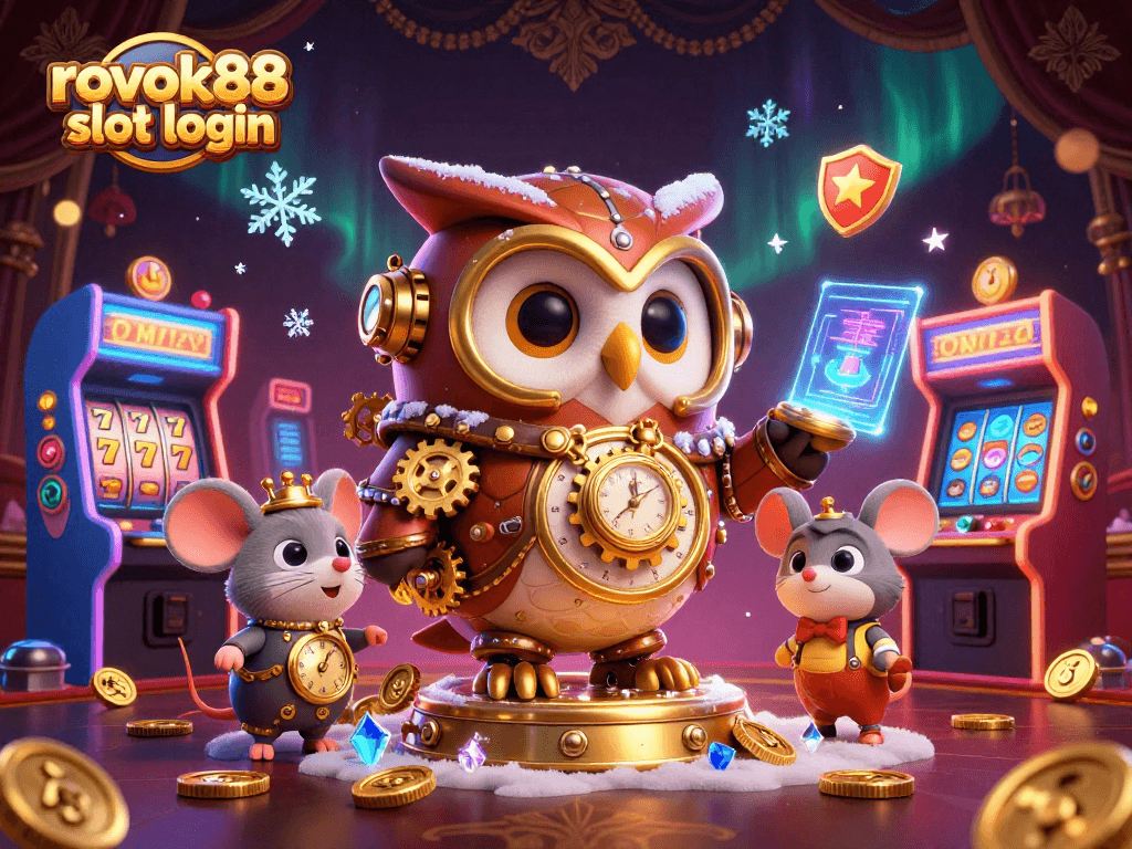 Engage with rokok88 slot login, showcasing a lively 3D casino scene featuring vibrant game elements and whimsical characters.