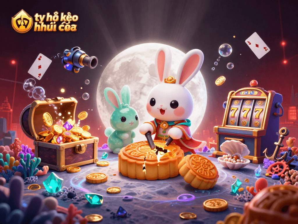 Engaging 3D scene depicting tỷ lệ kèo nhà cái with playful moon rabbit creating gold mooncakes and poker chips.