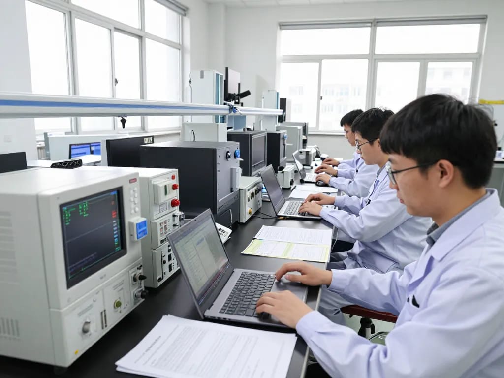 Engineers in a modern EMC testing lab preparing for TCB submission with advanced equipment.
