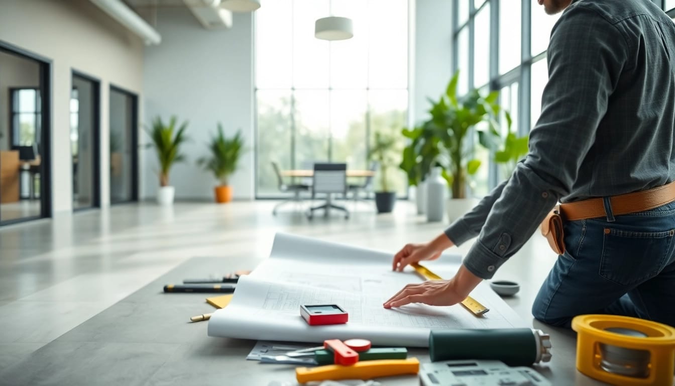 Office renovation contractor Austin measures and designs a bright, modern office space.