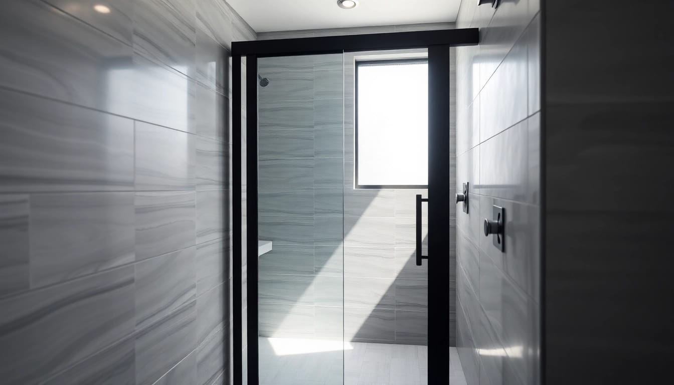 Stylish black shower door enhancing a modern bathroom's elegance.