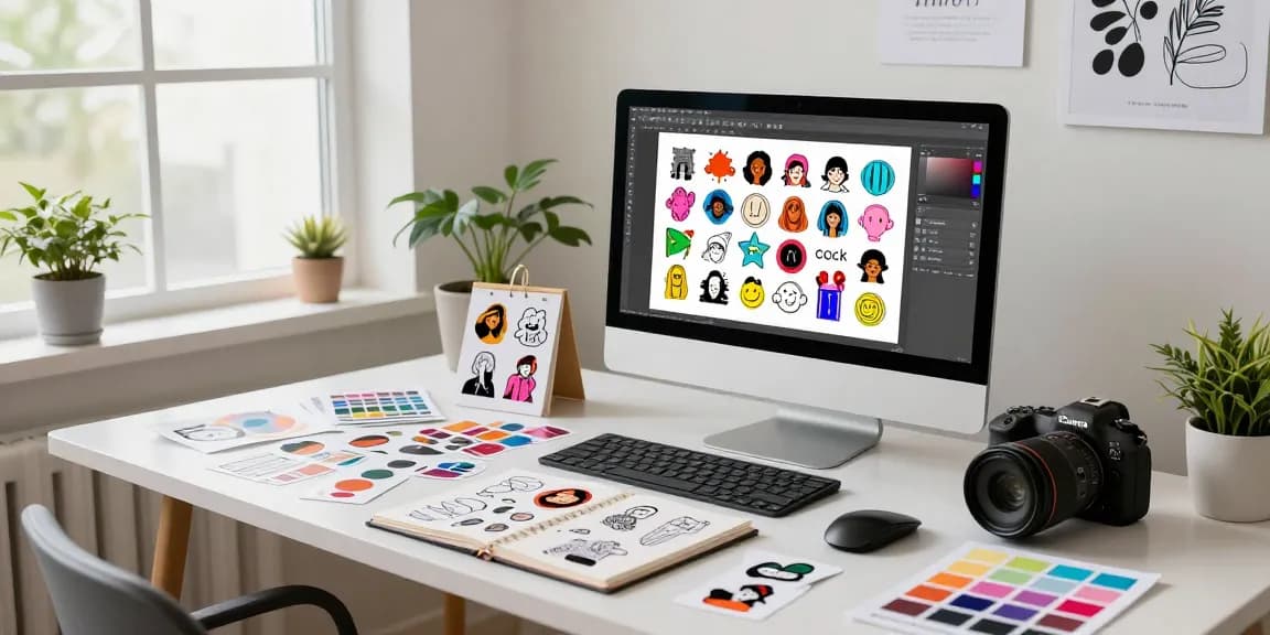 Custom stickers displayed in a creative workspace featuring vibrant designs and a graphic designer in action.