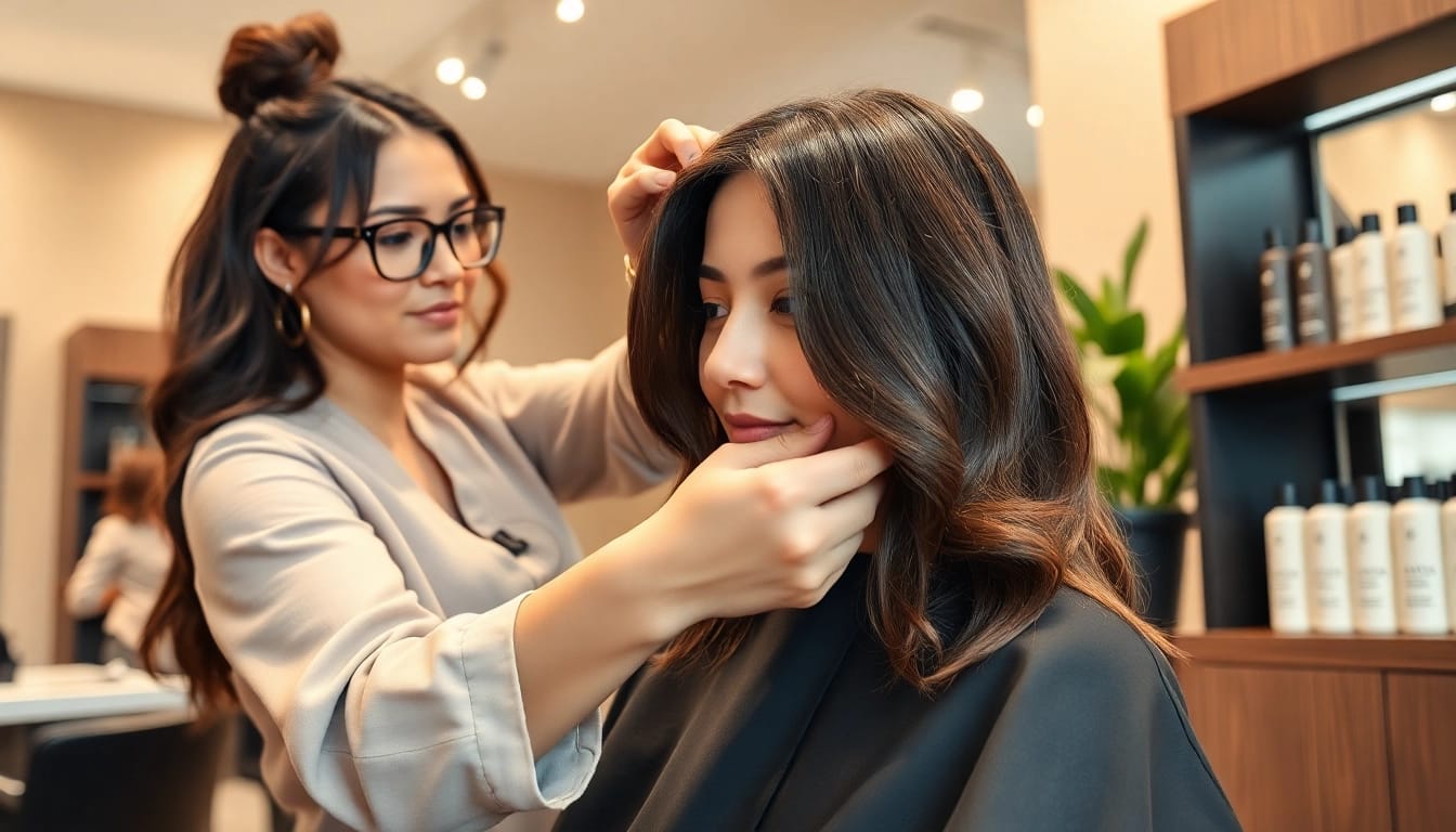 Hair stylist performing a perm in a welcoming San Diego salon showcasing Aveda products.