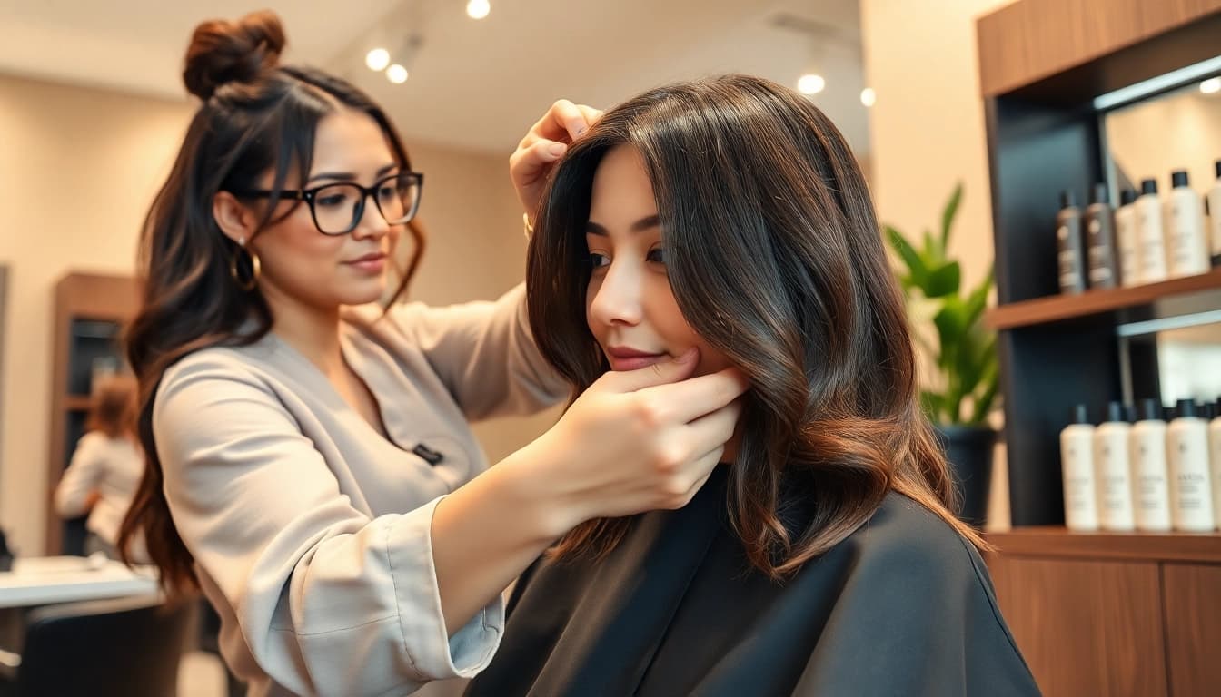Hair stylist performing a perm in a welcoming San Diego salon showcasing Aveda products.