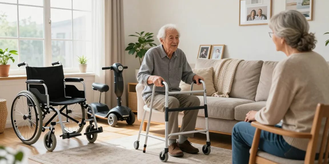 Buy nobility aids showcased in a welcoming home setting with various mobility devices promoting independence for the elderly.