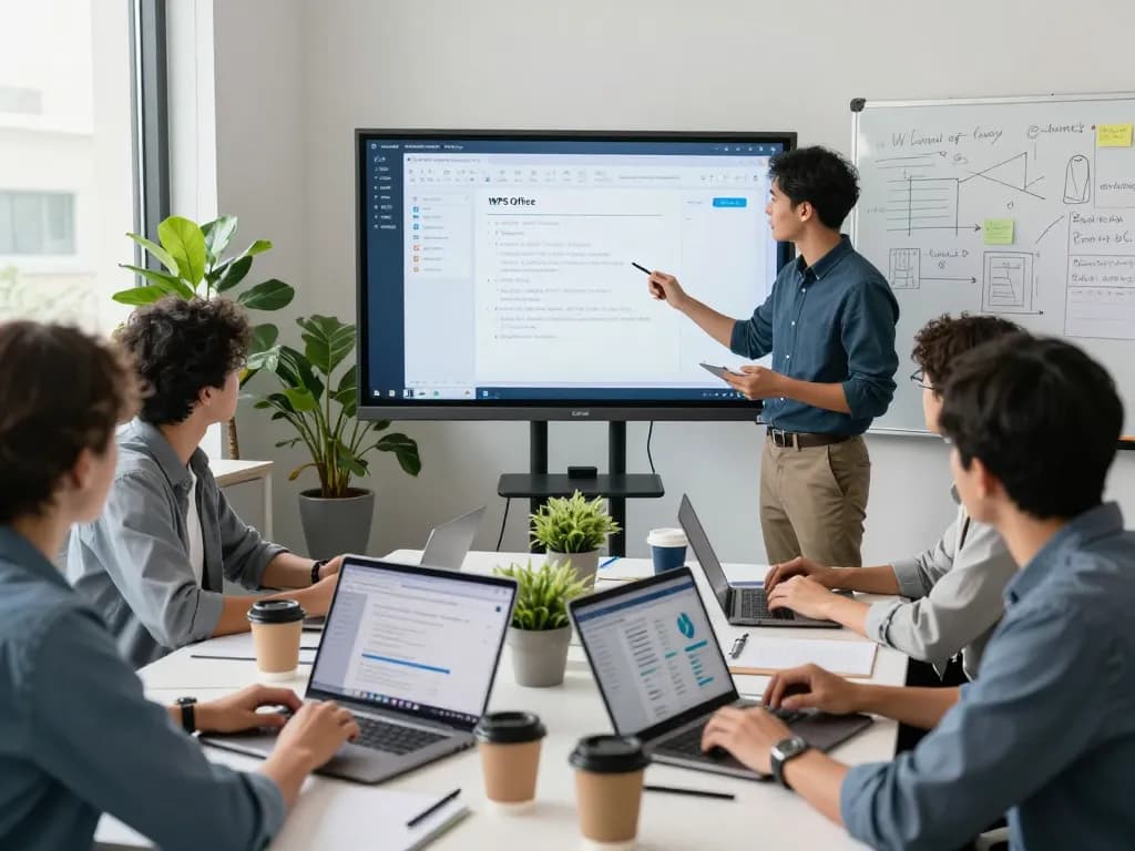 Collaborative office scene using WPS Office for document editing and project management.
