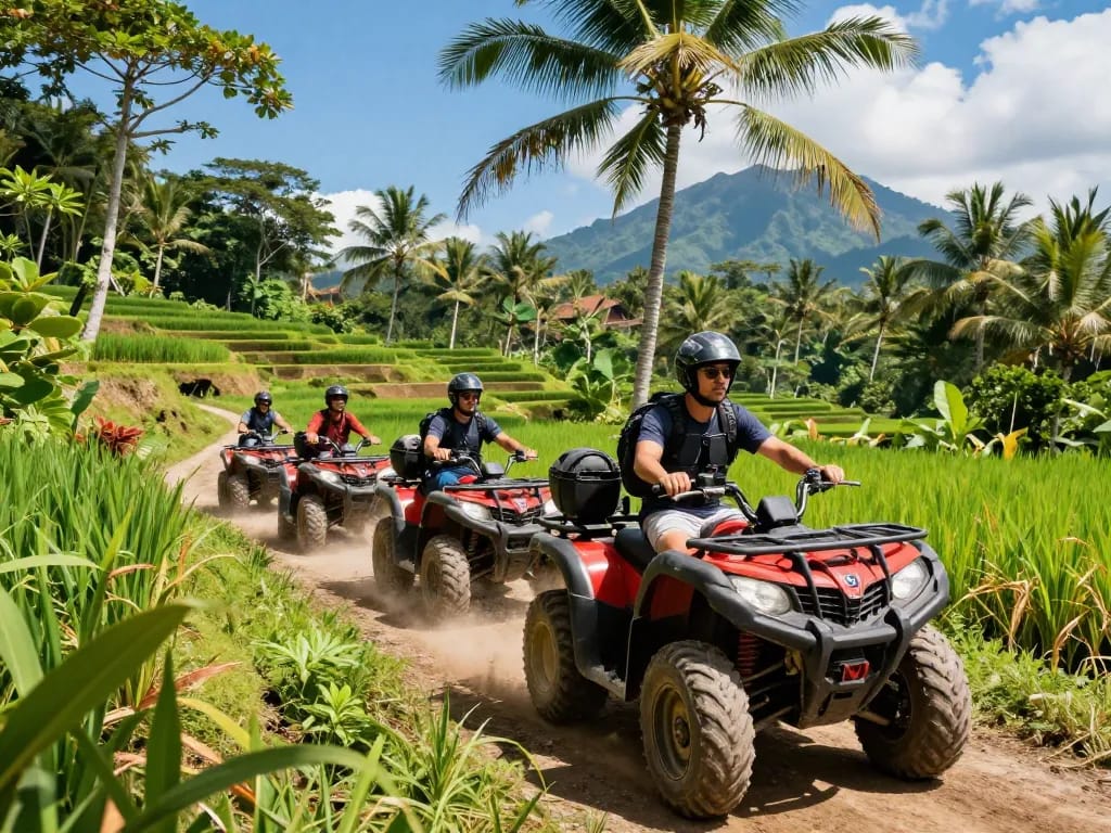 Bali tour packages featuring travelers on an ATV adventure through vibrant jungles and rice fields.