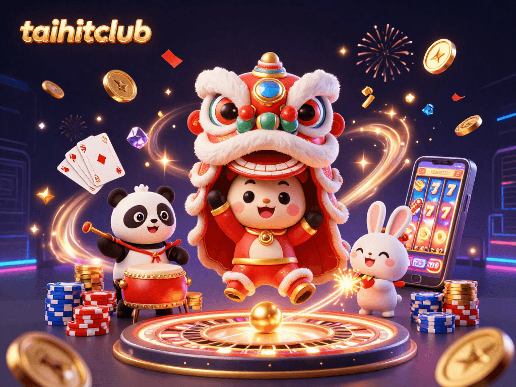 Experience the thrill of taihitclub's vibrant casino scene with lion dancers and golden coins.