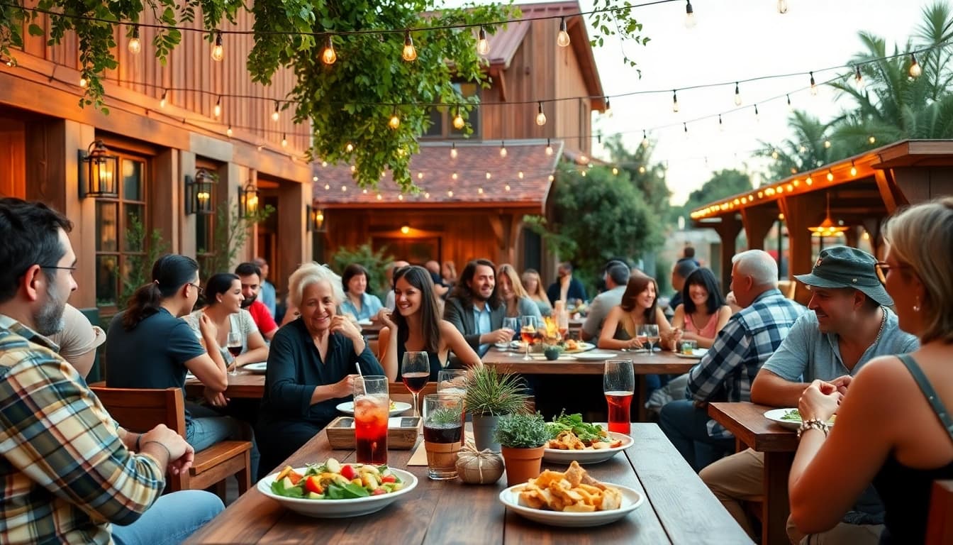 Enjoying delicious cuisine at Clarksburg CA restaurants in a lively outdoor setting.