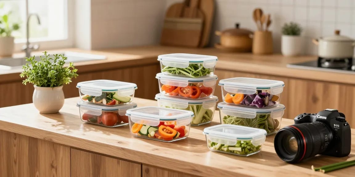 Organized kitchen with food storage containers with lids on countertop, fresh ingredients prepared for meal prep.