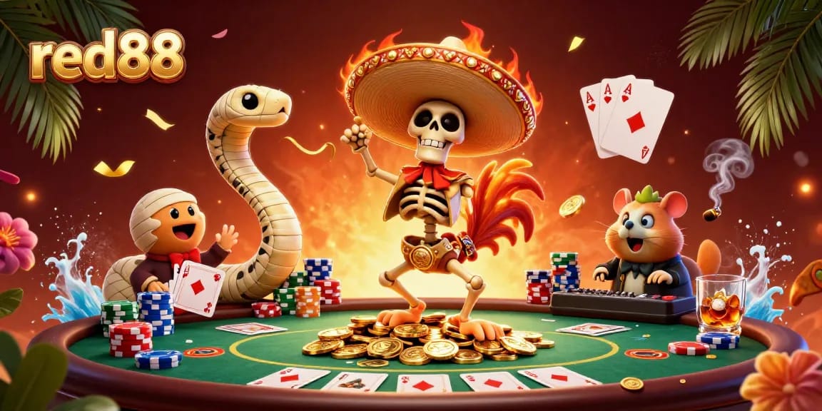 Experience red88 thrills with a vibrant casino scene showcasing poker and celebration.
