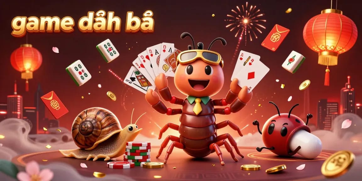 Play game đánh bài with vibrant characters and festive elements in a colorful casino illustration.