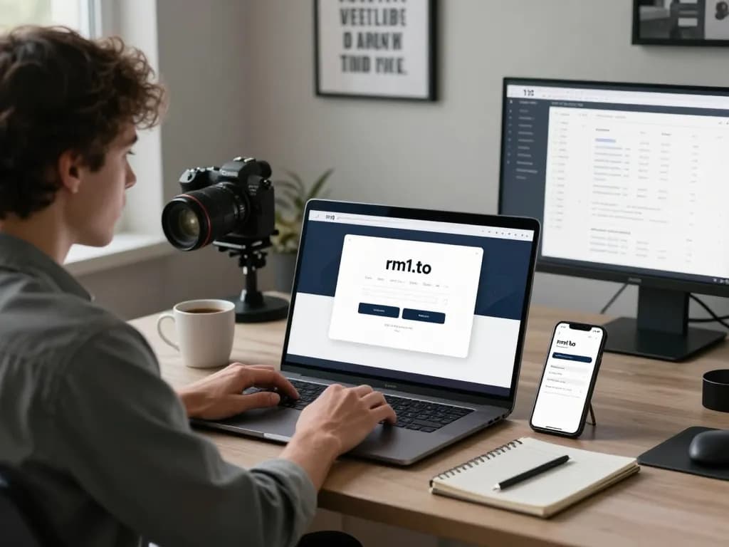 Secure rm1.to login interface with user actively engaging on a laptop, emphasizing online account accessibility.