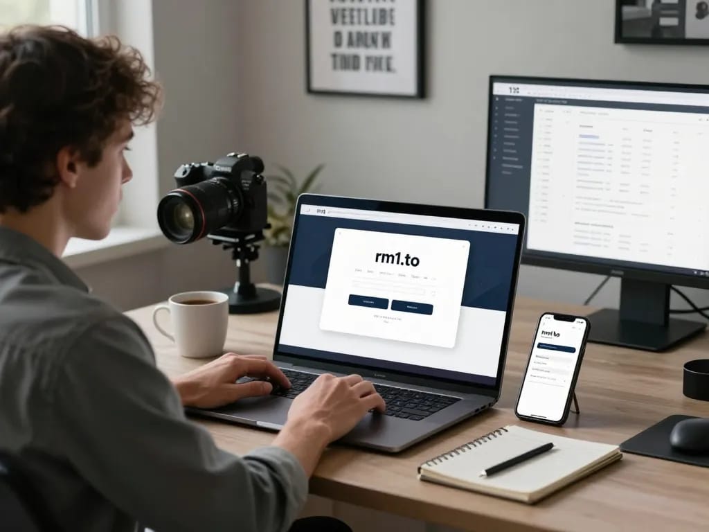 Secure rm1.to login interface with user actively engaging on a laptop, emphasizing online account accessibility.