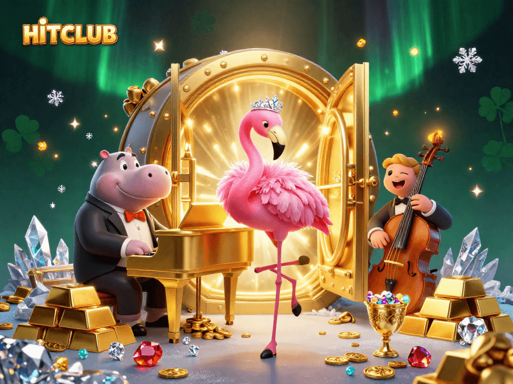 HITCLUB presents a lively casino scene with a flamingo singer and hippo bassist among piles of treasure.
