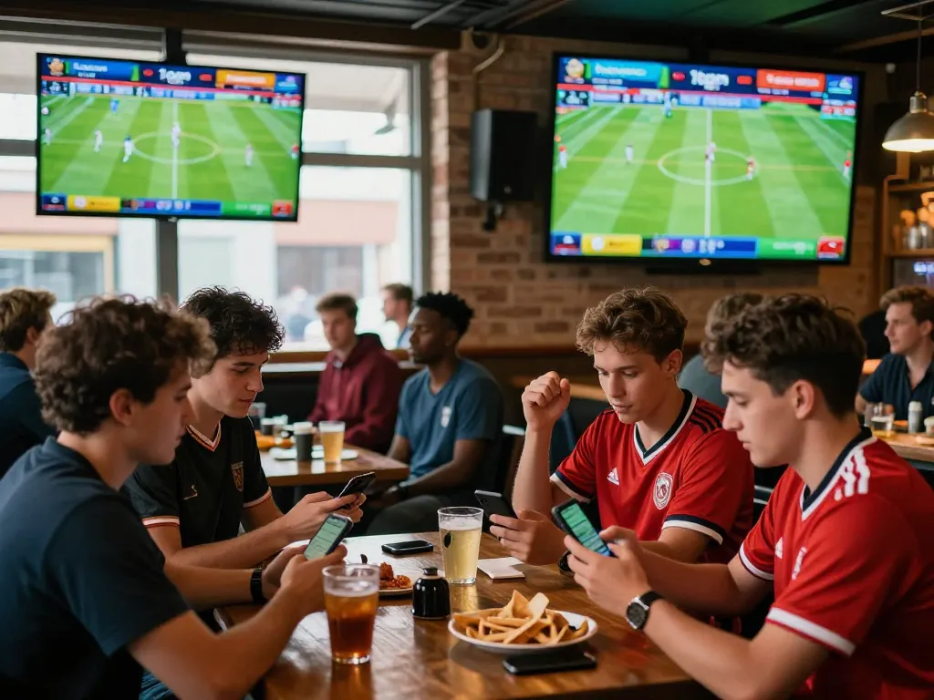 Fans checking 1gom betting odds during live football matches at a vibrant sports bar.