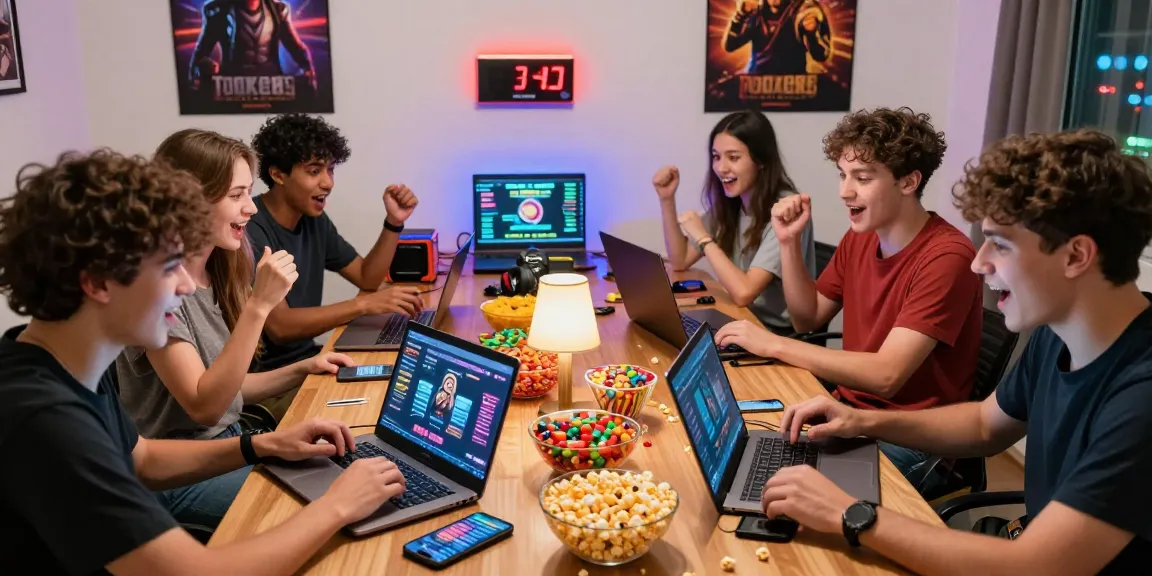 Friends enjoying an exciting online gaming session with rokok88 platform, vibrant snacks and festive lights.