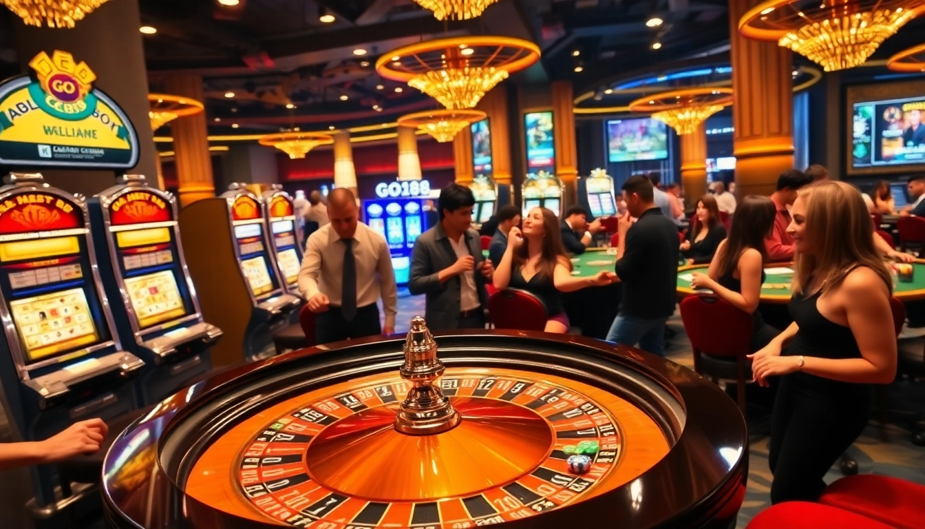GO88 captures thrilling casino action with players at a roulette table and vibrant slot machines.