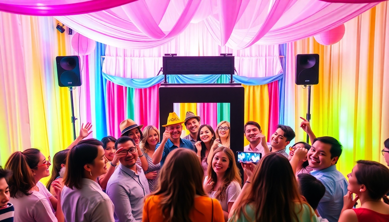 Capture the vibrancy of a photo booth rental at a lively party with guests enjoying.