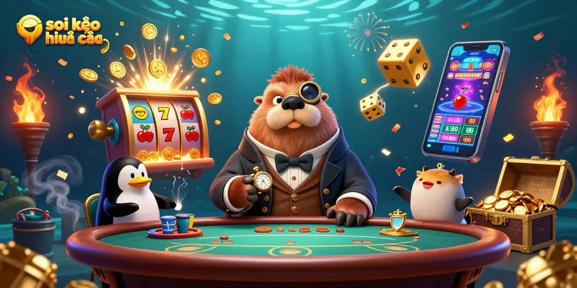 Experience exciting soi kèo nhà cái action with a jolly walrus, penguin dealer, and bluffing pufferfish at an underwater casino table.