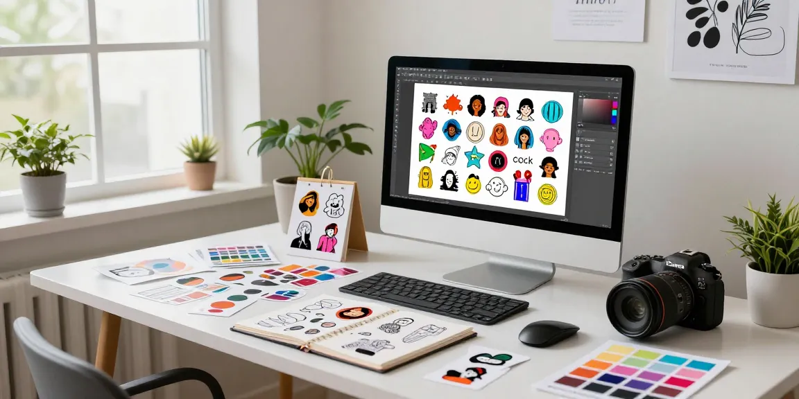 Custom stickers displayed in a creative workspace featuring vibrant designs and a graphic designer in action.