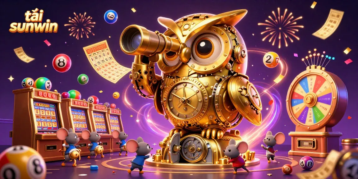 Experience excitement with tải sunwin as colorful lottery elements and a golden owl enhance your gaming adventure.