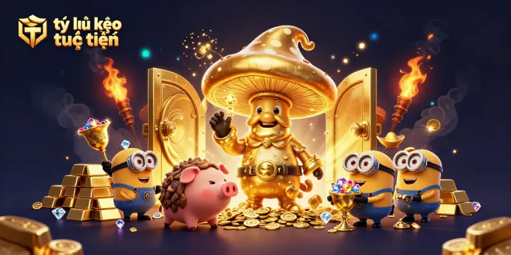 Engage with tỷ lệ kèo trực tuyến in a vibrant 3D illustration featuring a wizard channeling gold magic, treasure, and gemstone minions.