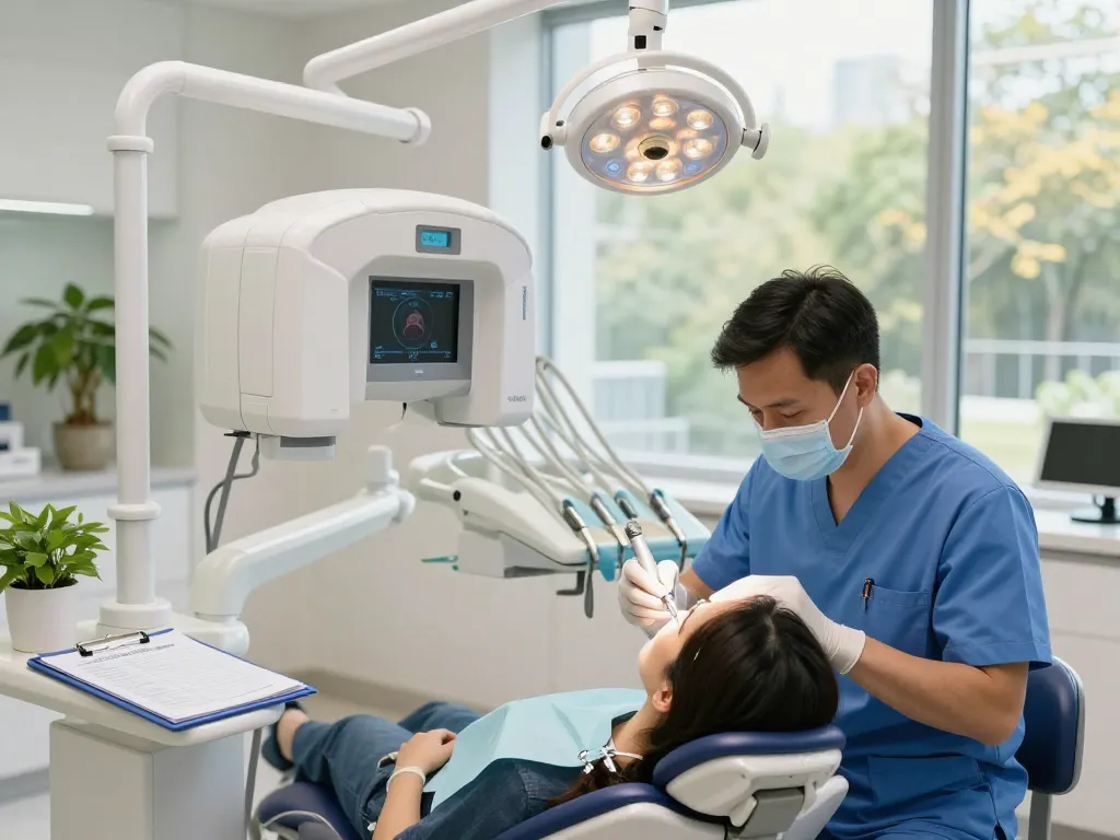 Dental tools displayed in a modern dental clinic, highlighting professional equipment and a clean environment.