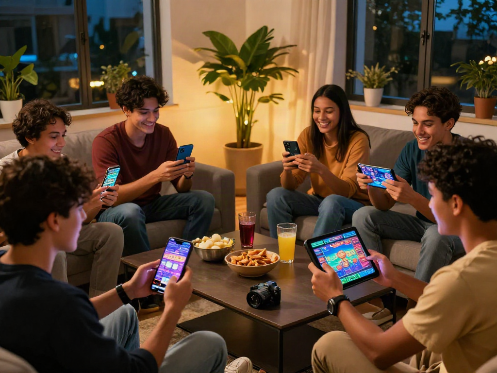 Friends gaming together using m88 link mobile in a cozy home setting with colorful screens and snacks.