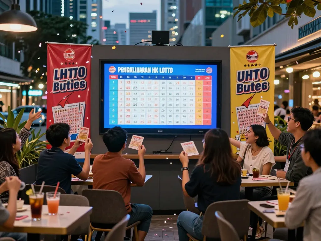 Kerumunan yang bersemangat merayakan hasil Pengeluaran HK Lotto di lingkungan perkotaan yang semarak.