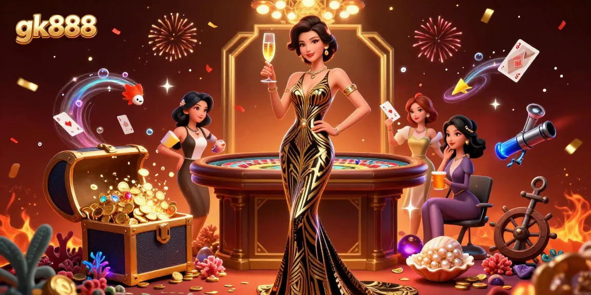 Experience the thrill of gk888 as vibrant casino elements and glamorous characters fill the scene.