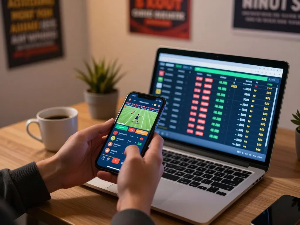 Engaging sports betting scene with live app and soi keo nha cai strategies visible on screens
