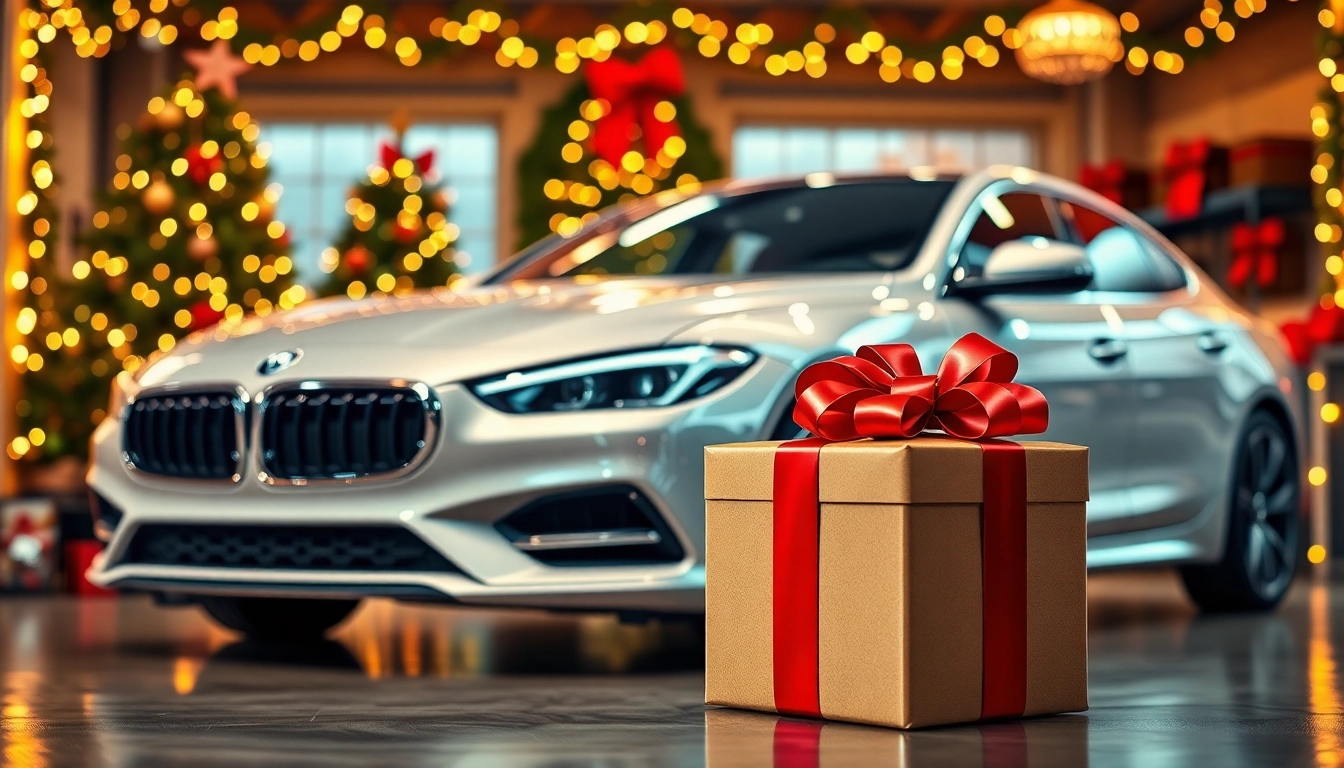Celebrate the holidays with a Christmas car detailing gift showcasing a luxurious car and a wrapped present.