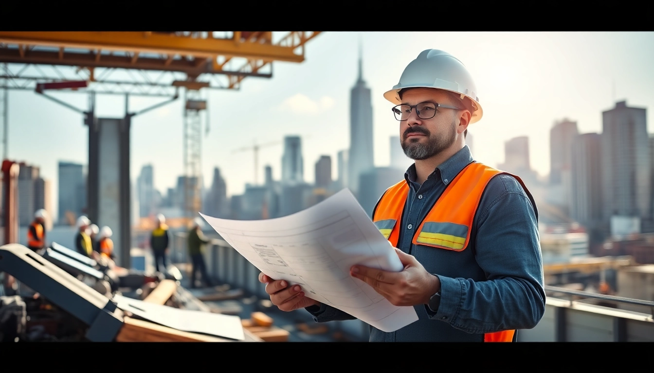 Manhattan General Contractor supervising construction workers with blueprints in Manhattan skyline.