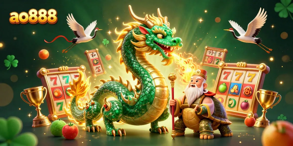 Experience the magic of ao888 with a vibrant 3D scene featuring a jade dragon and lucky symbols.