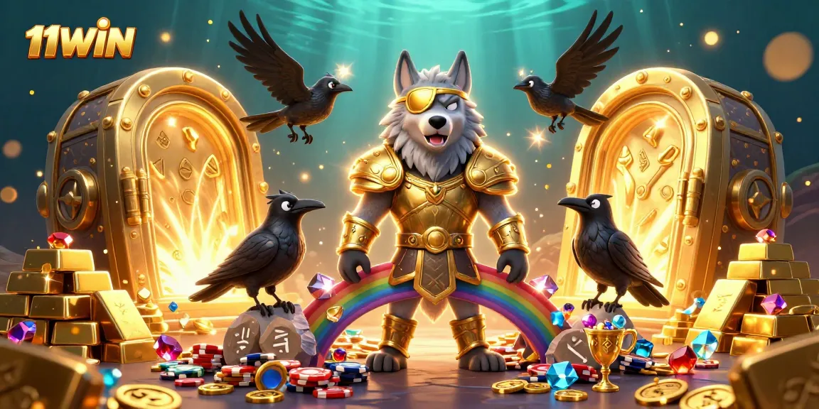 Spin the reels with 11WIN in an exciting casino scene featuring Norse characters and treasures.