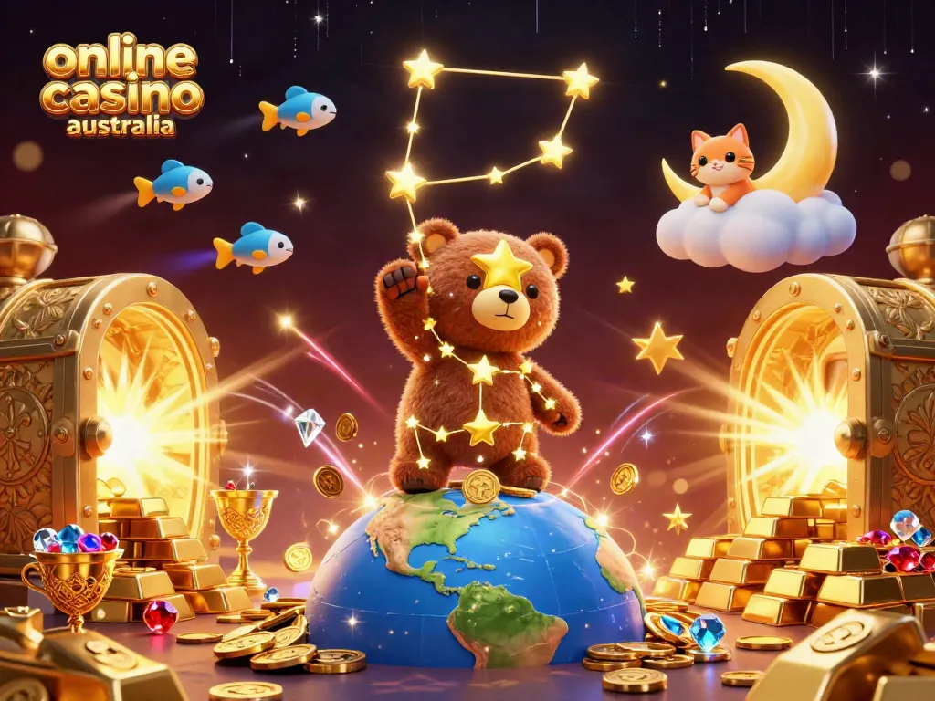 Experience the excitement of online casino Australia with this vibrant cosmic illustration featuring a constellation bear and treasure elements.