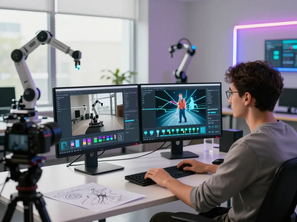 Demonstration of Kling motion ai in a tech studio, showcasing AI animation tools and setup.