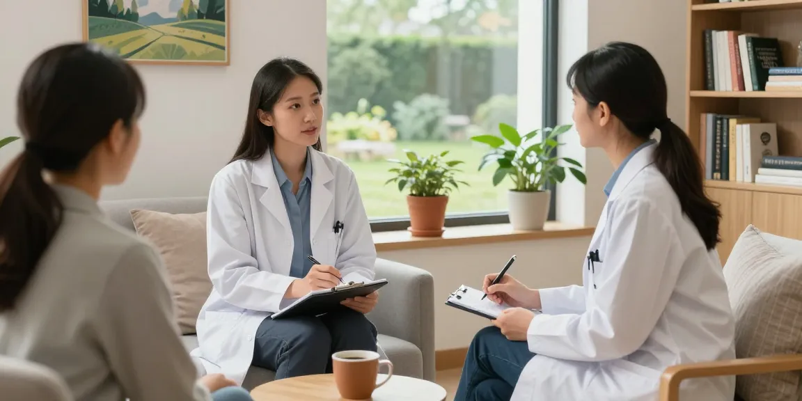 Psychiatrist discussing 抑鬱症 with a patient in a calming therapy room, emphasizing supportive mental health care.