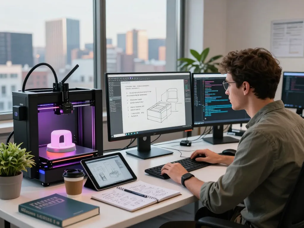 Developer creating intricate CAD models from text prompts in a modern design workshop.