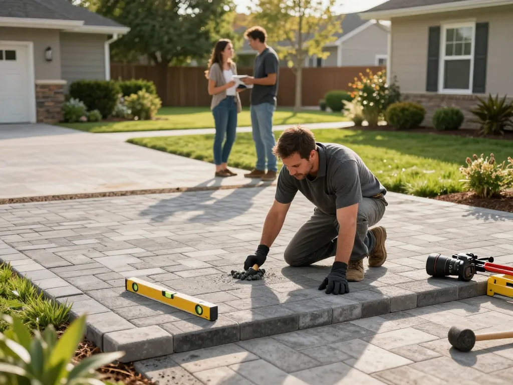 Paver contractors near me expertly installing stylish pavers in a serene backyard setting, enhancing outdoor living.