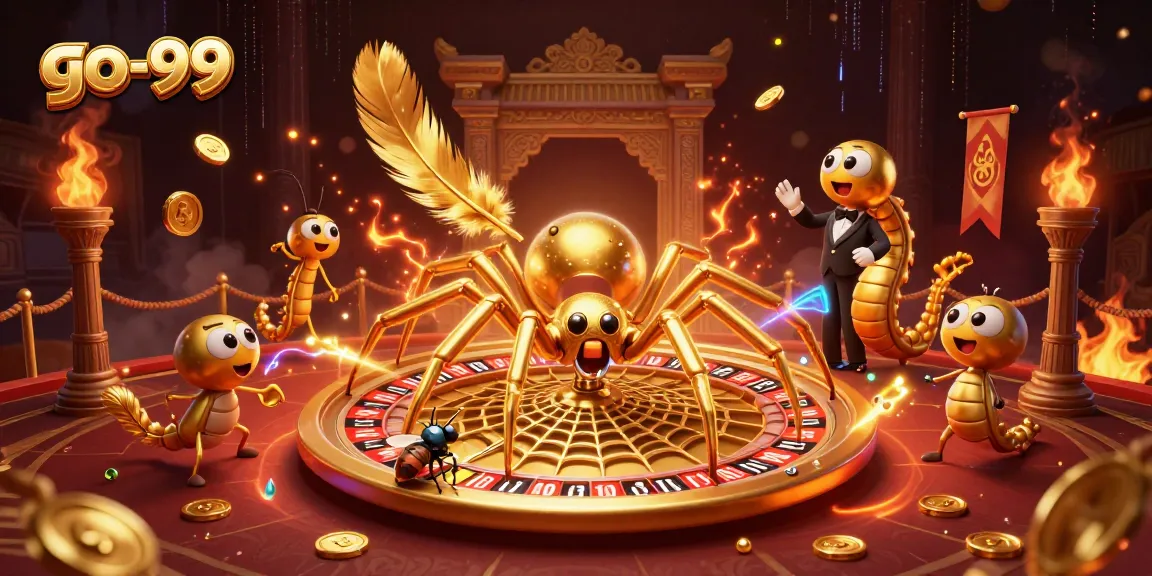 Experience the thrill of betting with go-99, featuring a golden spider and centipede croupier in a rich casino scene.