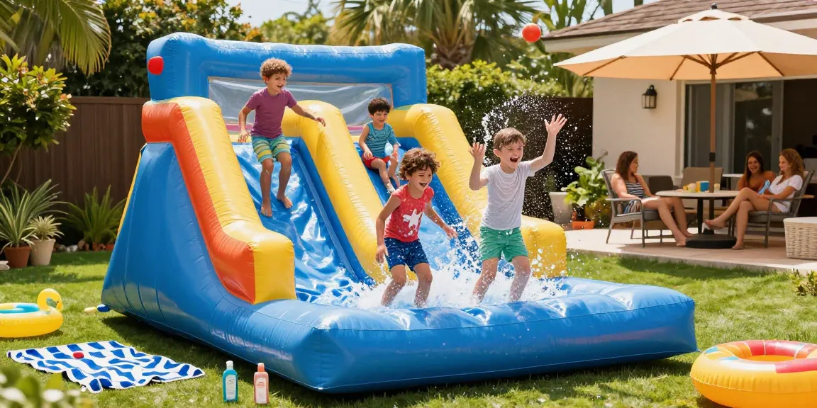 Children enjoying an inflatable water slide in a sunny backyard, capturing summer fun and laughter.