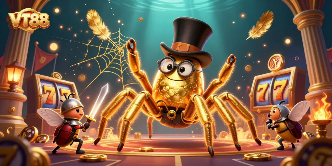 Experience the thrilling casino action with VT88's golden tarantula and beetle knight in a gambling arena.