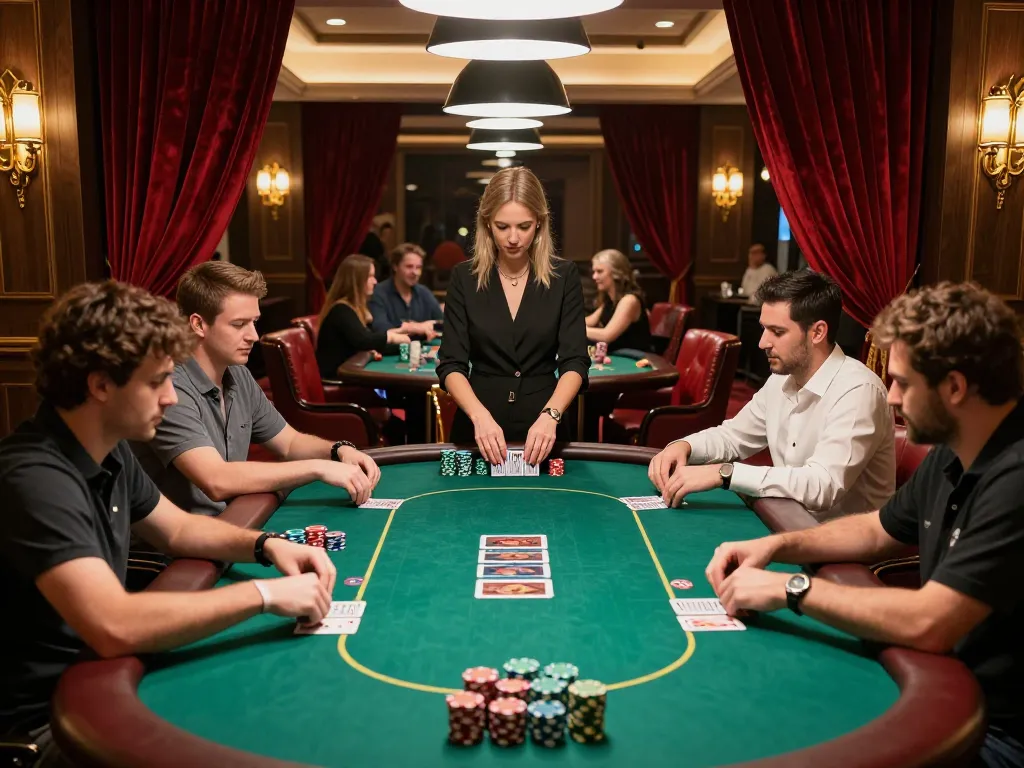 Players engaging in an intense poker game at lv88 com, showcasing skillful strategies and vibrant casino atmosphere.