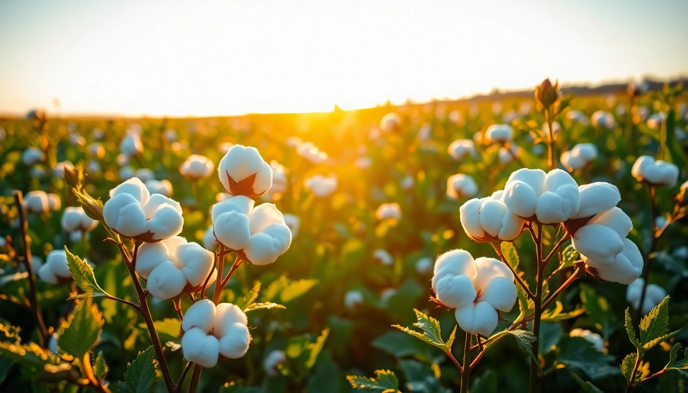 Katoenplanten en bollen in een prachtig zon opkomend veld.